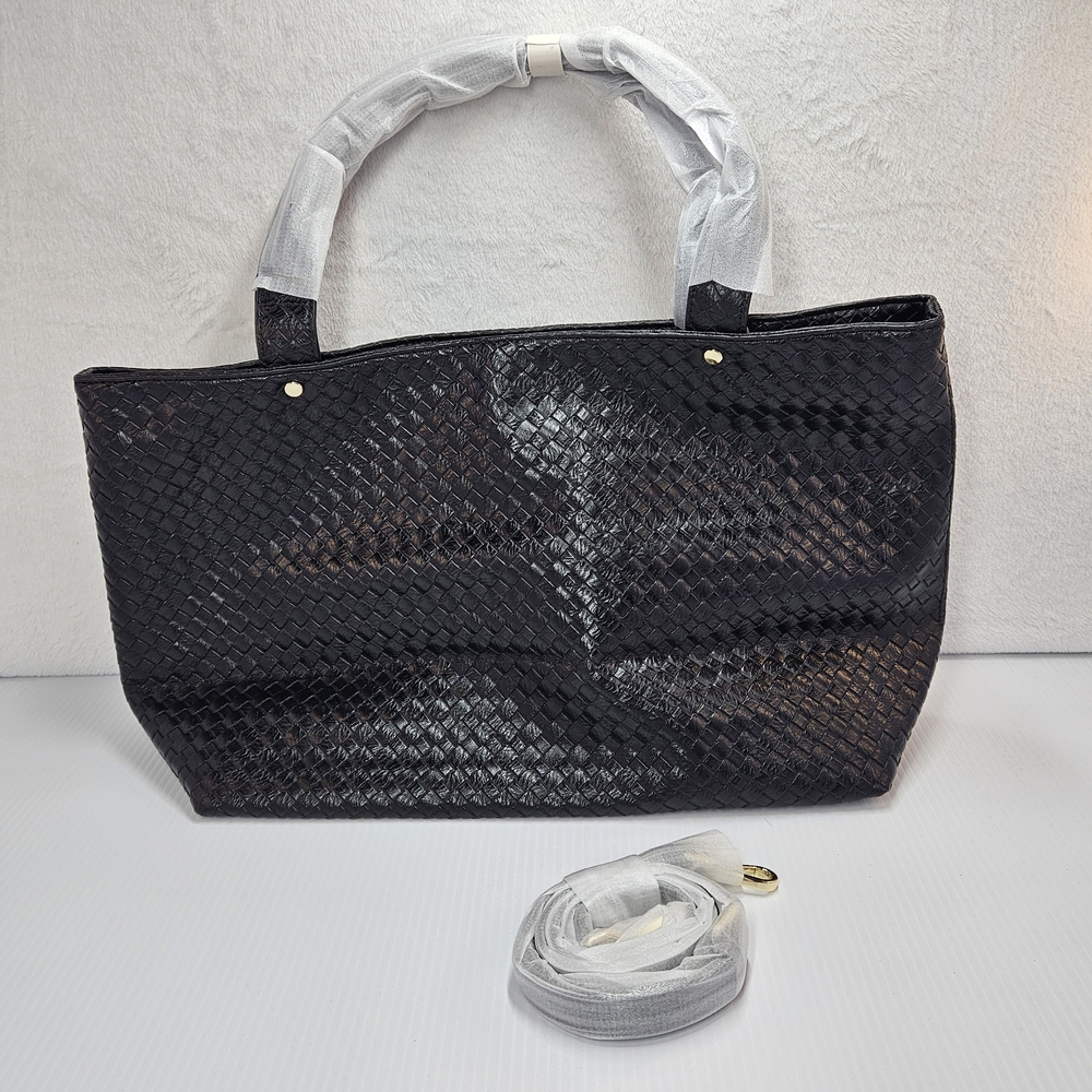 JAPAR Vegan Leather Woven Tote Bag Black Large Shoulder Purse NEW